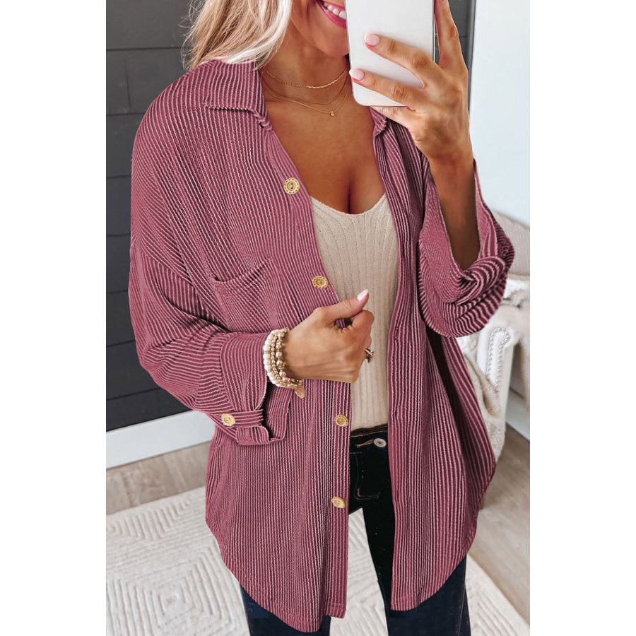 Striped Collared Neck Long Sleeve Shirt Dusty Pink / S Apparel and Accessories