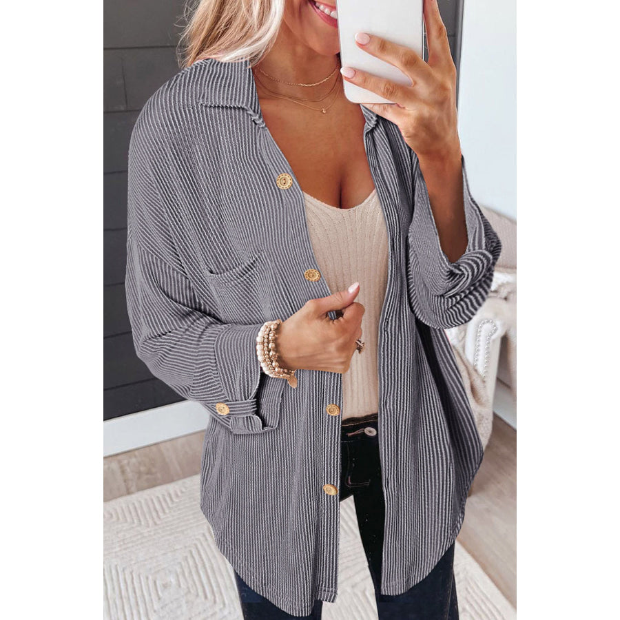 Striped Collared Neck Long Sleeve Shirt Gray / S Apparel and Accessories