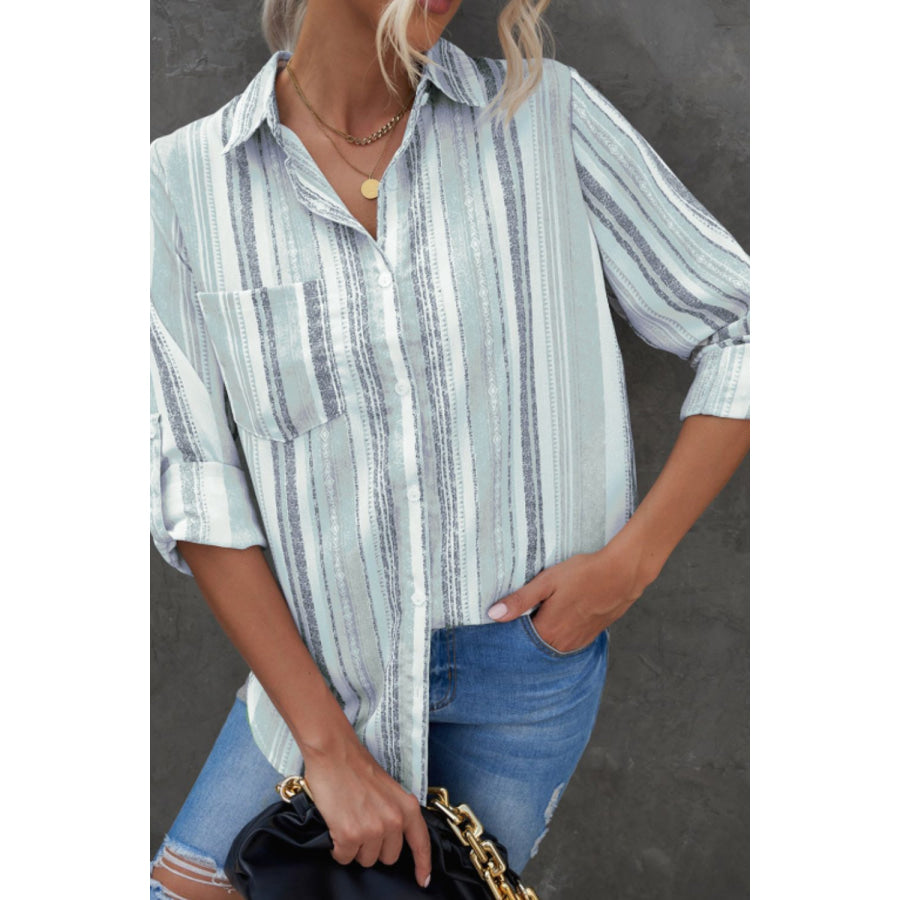 Striped Collared Neck Long Sleeve Shirt Gray / S Apparel and Accessories