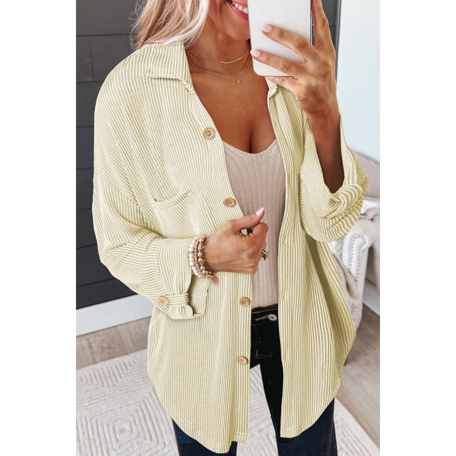 Striped Collared Neck Long Sleeve Shirt Ivory / S Apparel and Accessories