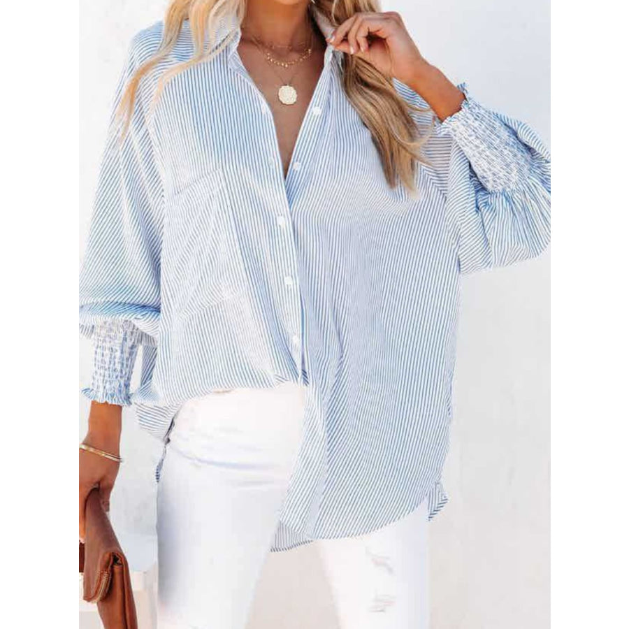 Striped Collared Neck Long Sleeve Shirt Light Blue / S Apparel and Accessories