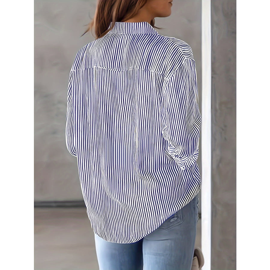 Striped Collared Neck Long Sleeve Shirt Navy / S Apparel and Accessories