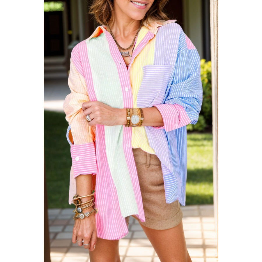 Striped Collared Neck Long Sleeve Shirt Pink / S Apparel and Accessories