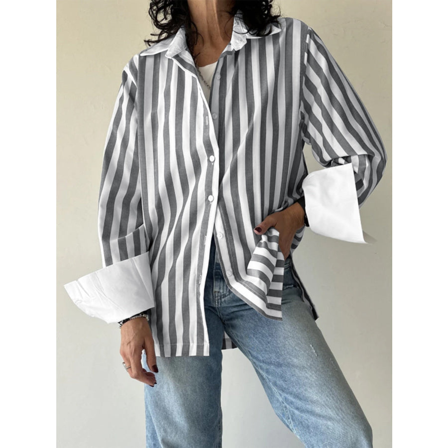 Striped Collared Neck Long Sleeve Shirt Stripe / S Apparel and Accessories