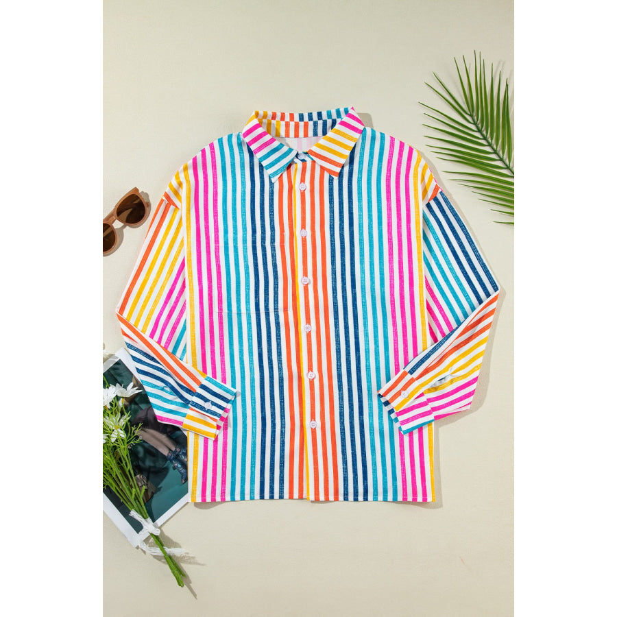 Striped Collared Neck Long Sleeve Shirt Stripe / S Apparel and Accessories