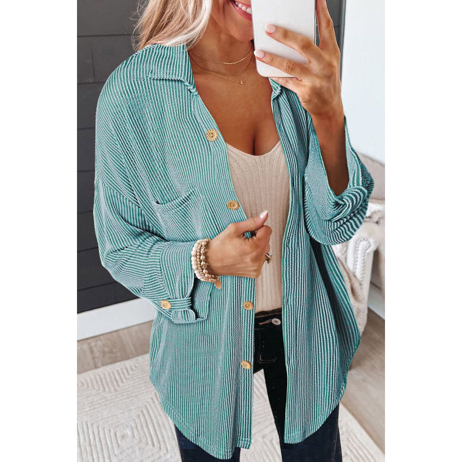 Striped Collared Neck Long Sleeve Shirt Turquoise / S Apparel and Accessories