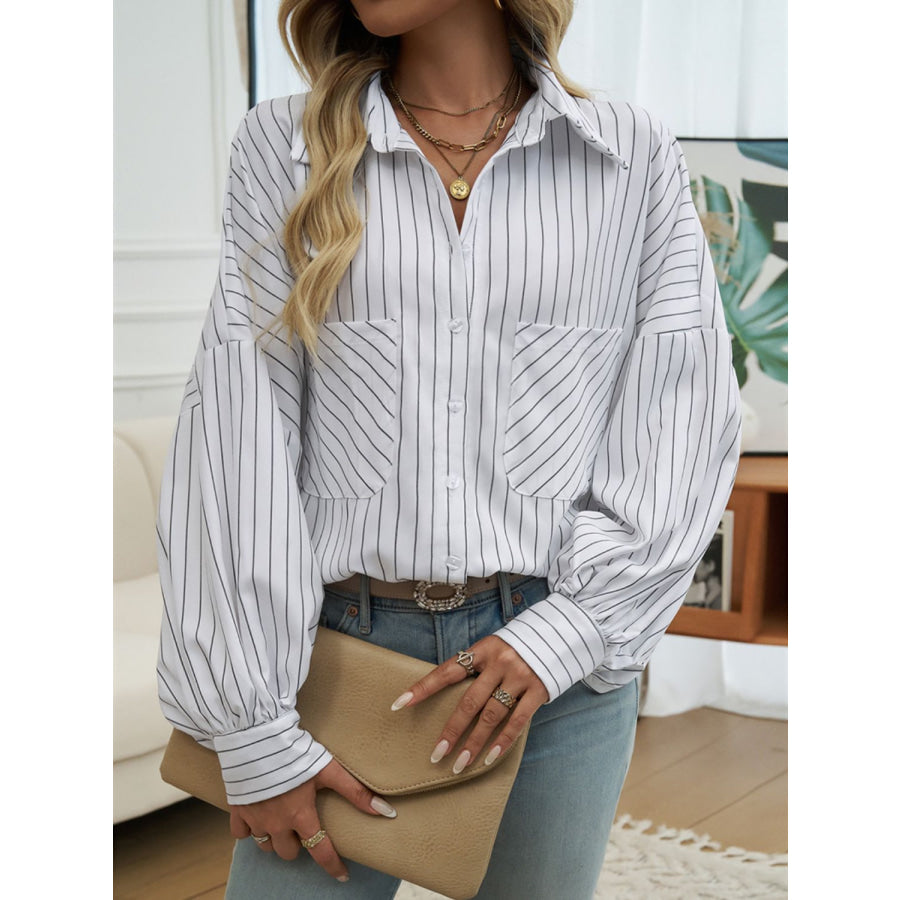 Striped Collared Neck Long Sleeve Shirt White / S Apparel and Accessories