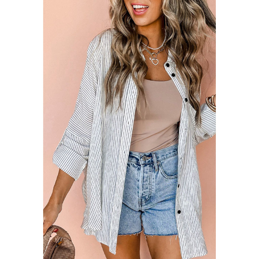 Striped Collared Neck Long Sleeve Shirt White / S Apparel and Accessories