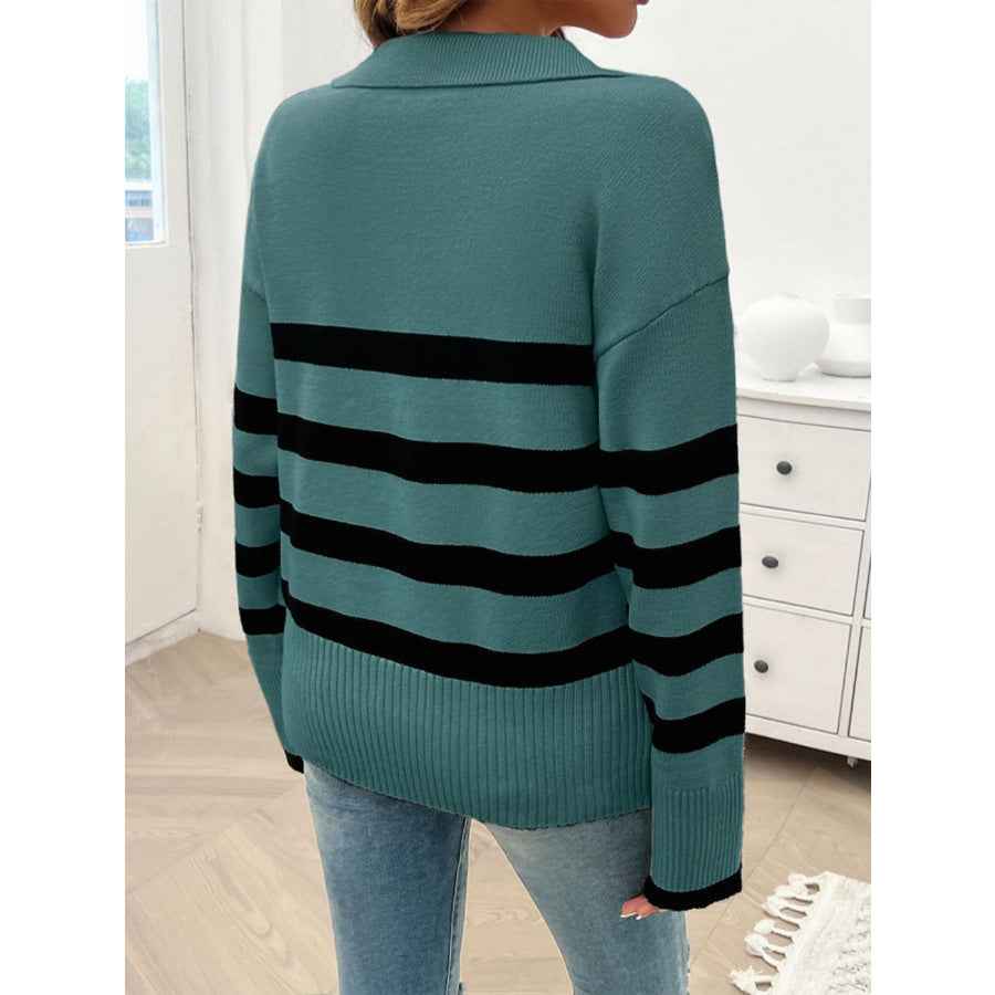 Striped Collared Neck Long Sleeve Sweater Apparel and Accessories