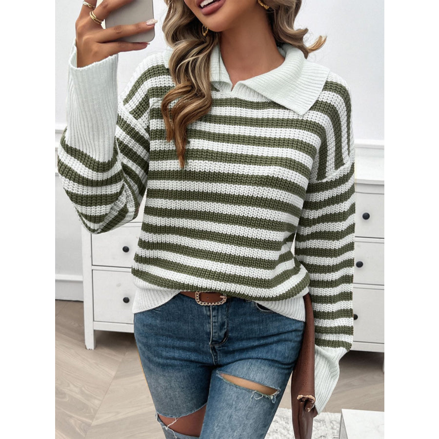 Striped Collared Neck Long Sleeve Sweater Apparel and Accessories