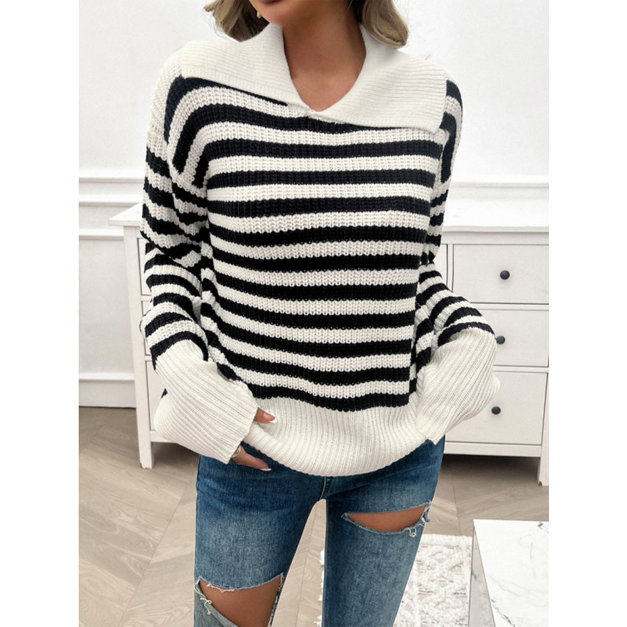 Striped Collared Neck Long Sleeve Sweater Apparel and Accessories