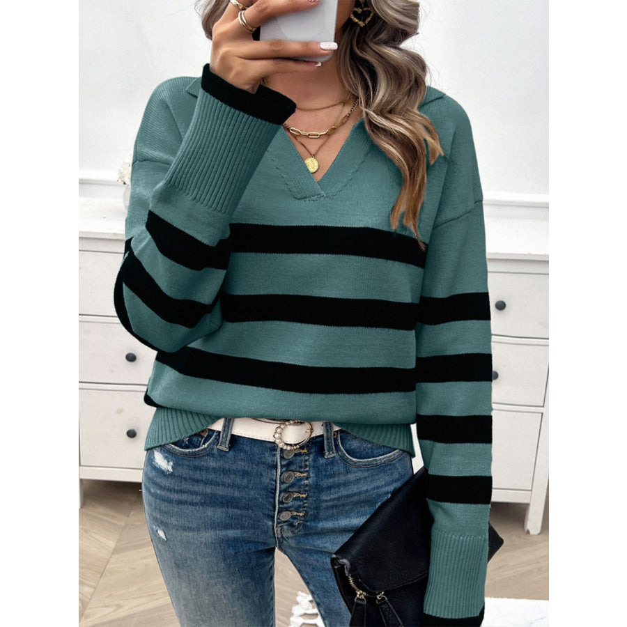 Striped Collared Neck Long Sleeve Sweater Apparel and Accessories