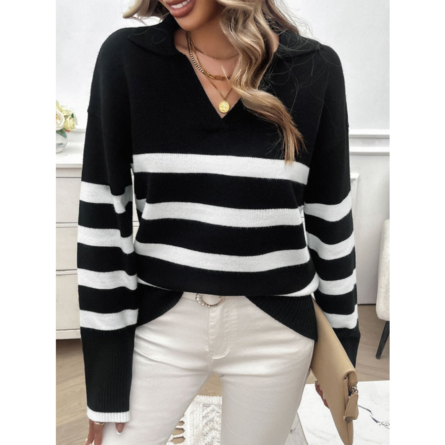 Striped Collared Neck Long Sleeve Sweater Apparel and Accessories