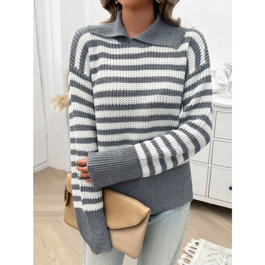 Striped Collared Neck Long Sleeve Sweater Apparel and Accessories