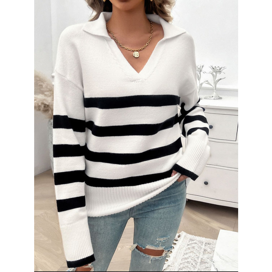 Striped Collared Neck Long Sleeve Sweater Apparel and Accessories