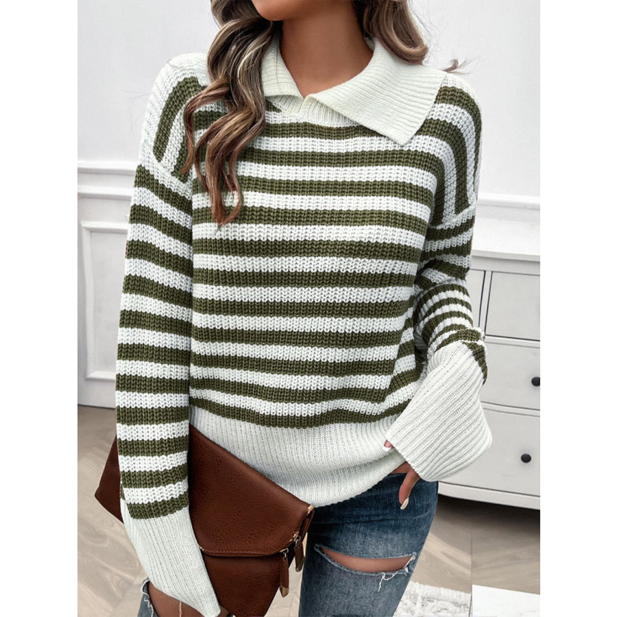 Striped Collared Neck Long Sleeve Sweater Apparel and Accessories