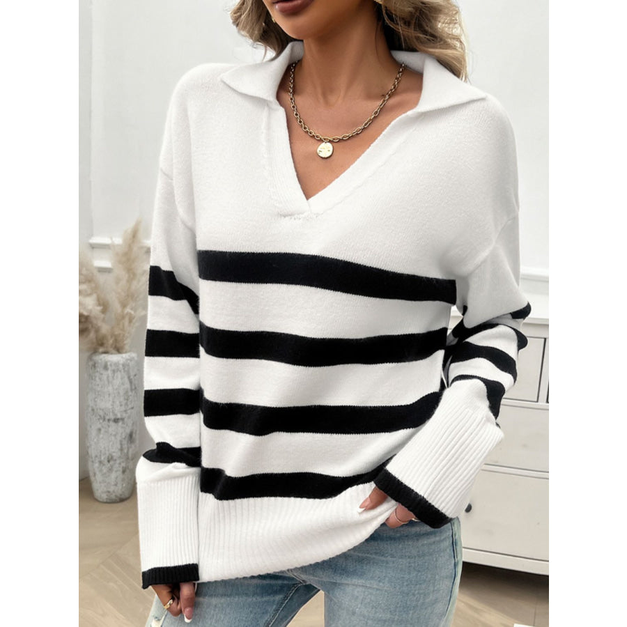 Striped Collared Neck Long Sleeve Sweater Apparel and Accessories