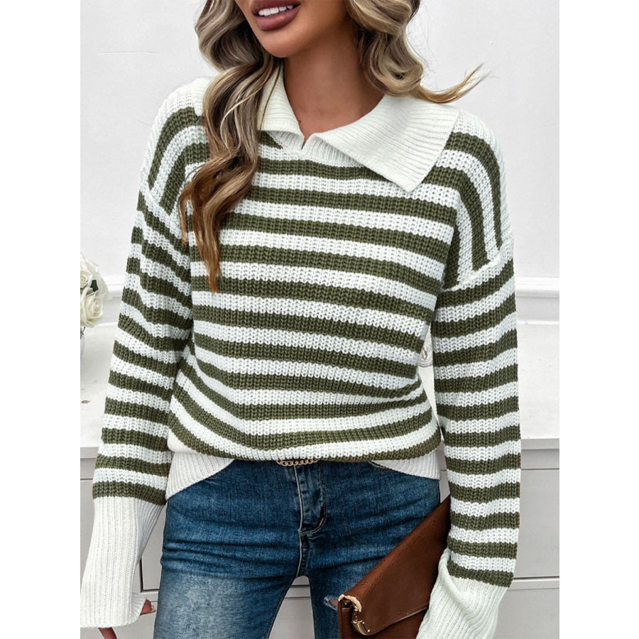 Striped Collared Neck Long Sleeve Sweater Apparel and Accessories