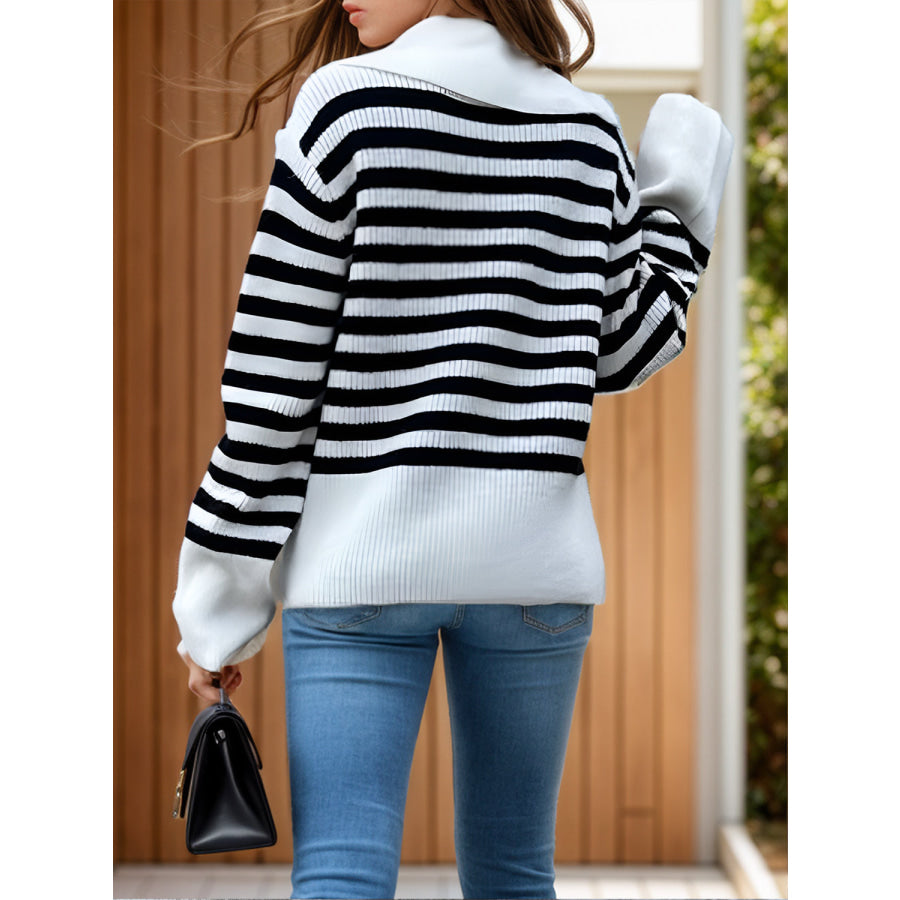 Striped Collared Neck Long Sleeve Sweater Apparel and Accessories