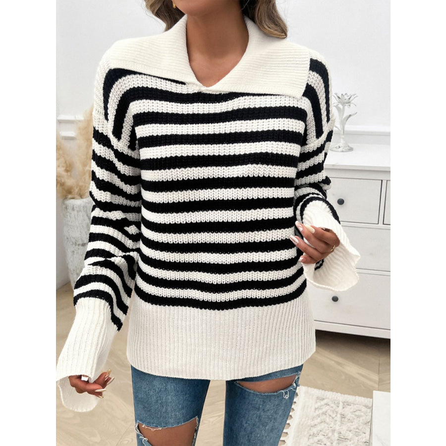 Striped Collared Neck Long Sleeve Sweater Apparel and Accessories