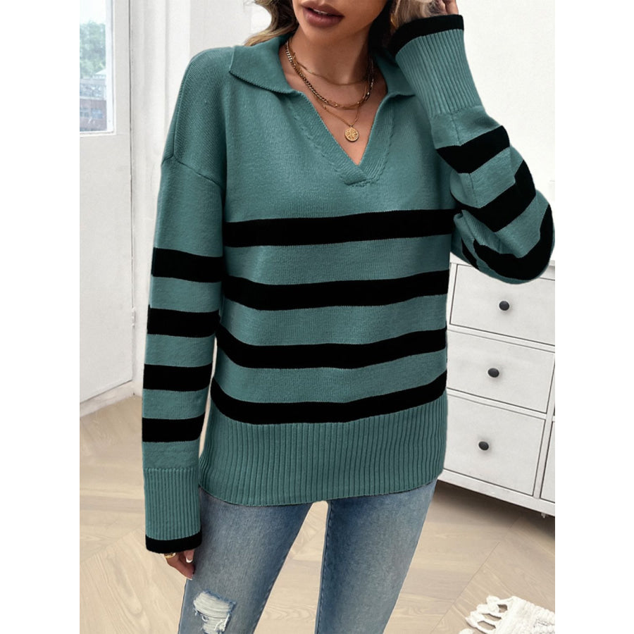 Striped Collared Neck Long Sleeve Sweater Apparel and Accessories