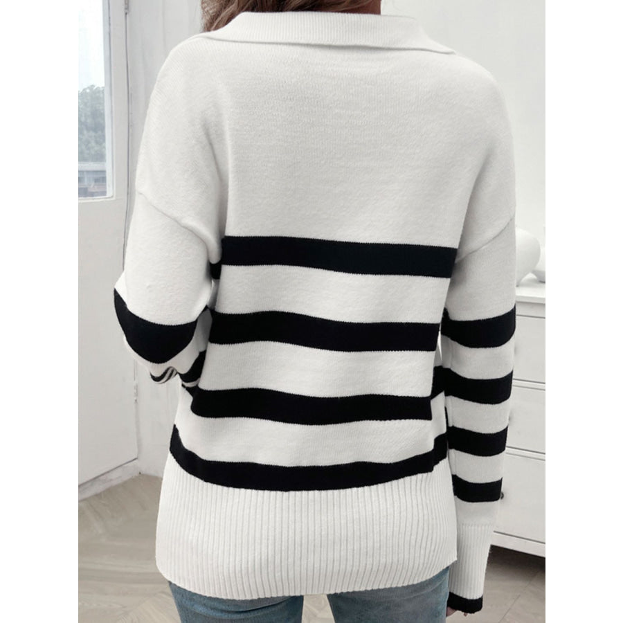 Striped Collared Neck Long Sleeve Sweater Apparel and Accessories