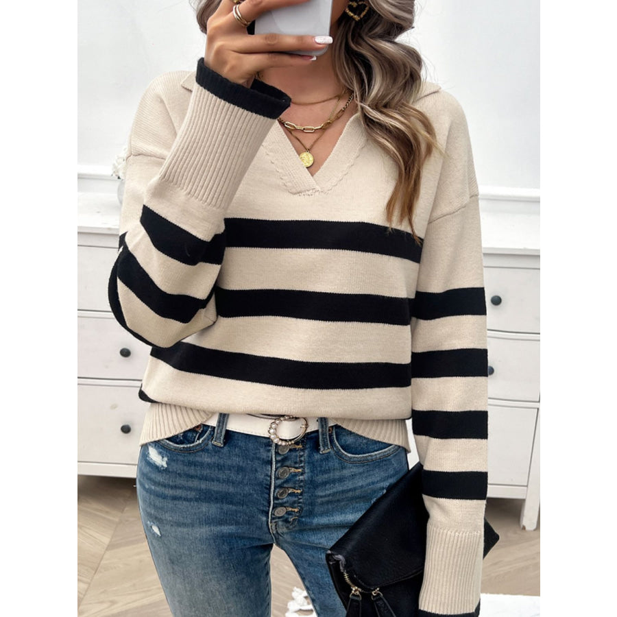 Striped Collared Neck Long Sleeve Sweater Apparel and Accessories