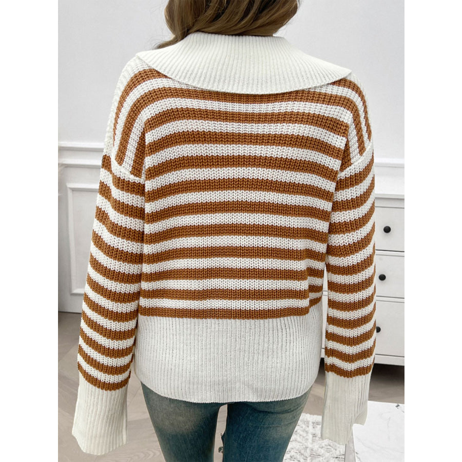 Striped Collared Neck Long Sleeve Sweater Apparel and Accessories