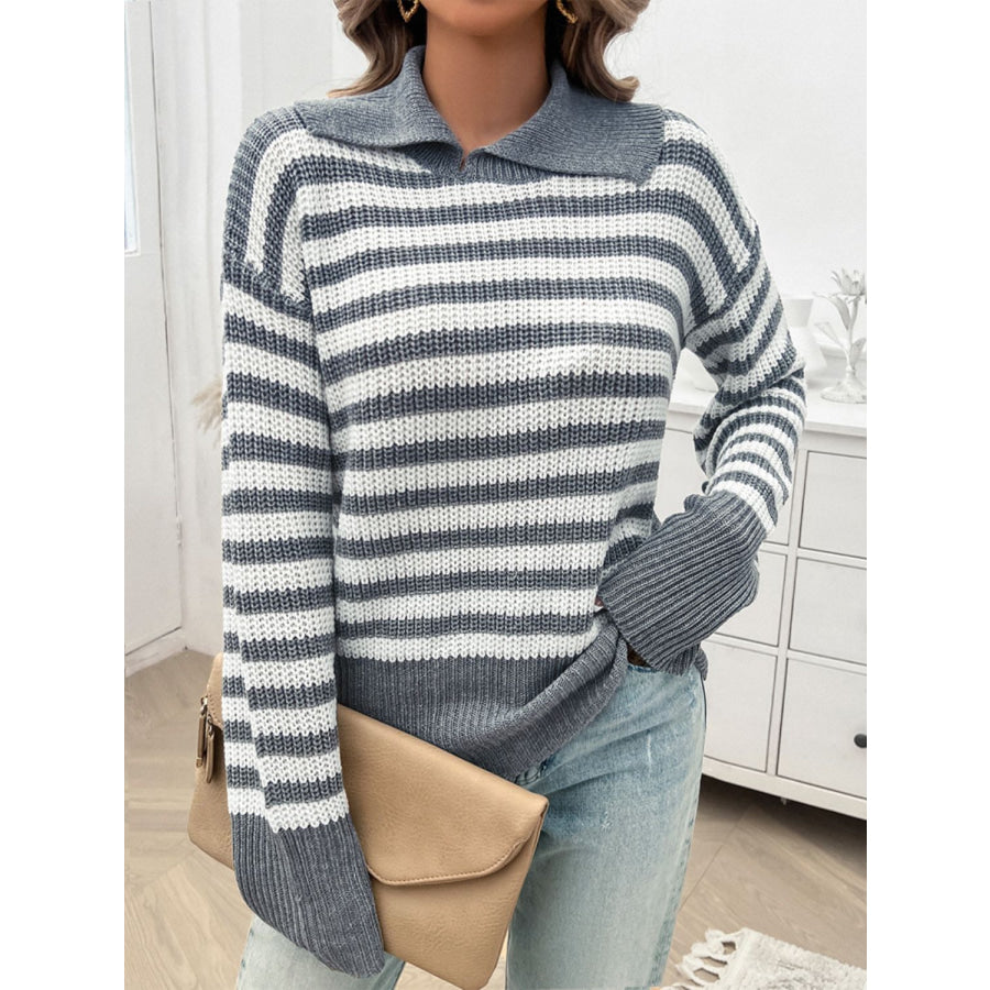 Striped Collared Neck Long Sleeve Sweater Apparel and Accessories