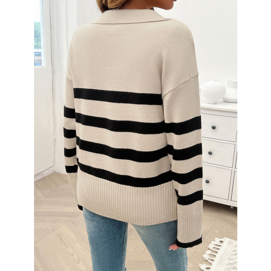 Striped Collared Neck Long Sleeve Sweater Apparel and Accessories