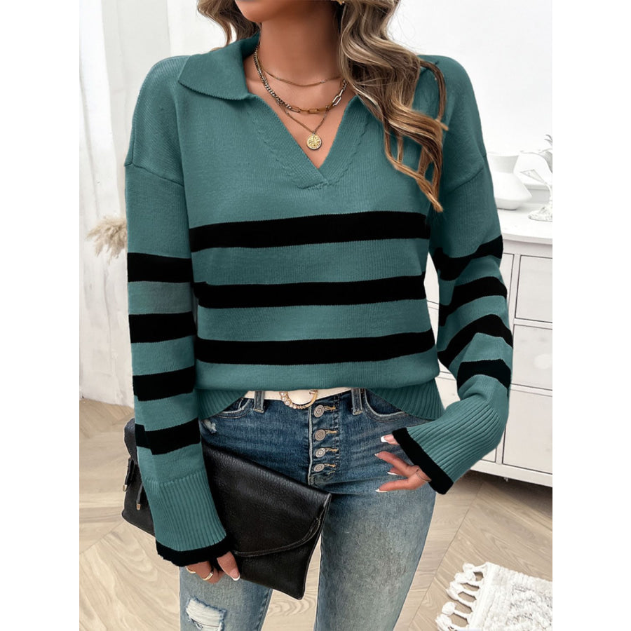 Striped Collared Neck Long Sleeve Sweater Apparel and Accessories