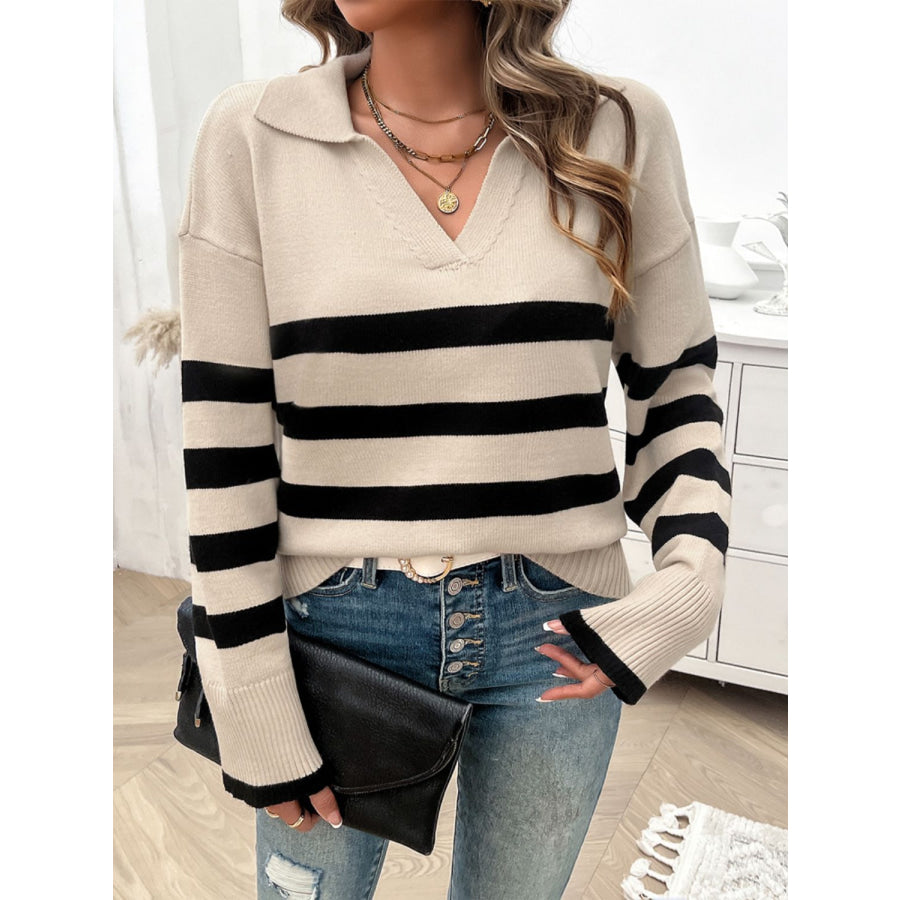 Striped Collared Neck Long Sleeve Sweater Apparel and Accessories