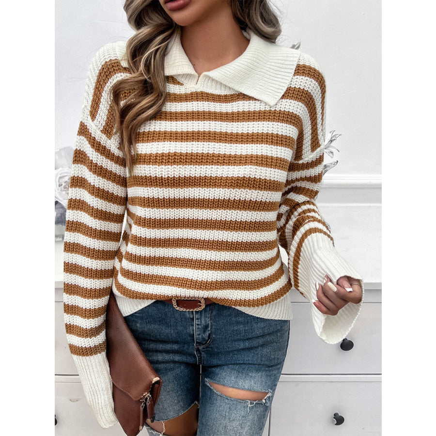 Striped Collared Neck Long Sleeve Sweater Apparel and Accessories