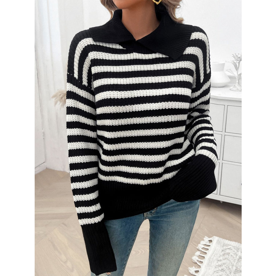 Striped Collared Neck Long Sleeve Sweater Apparel and Accessories