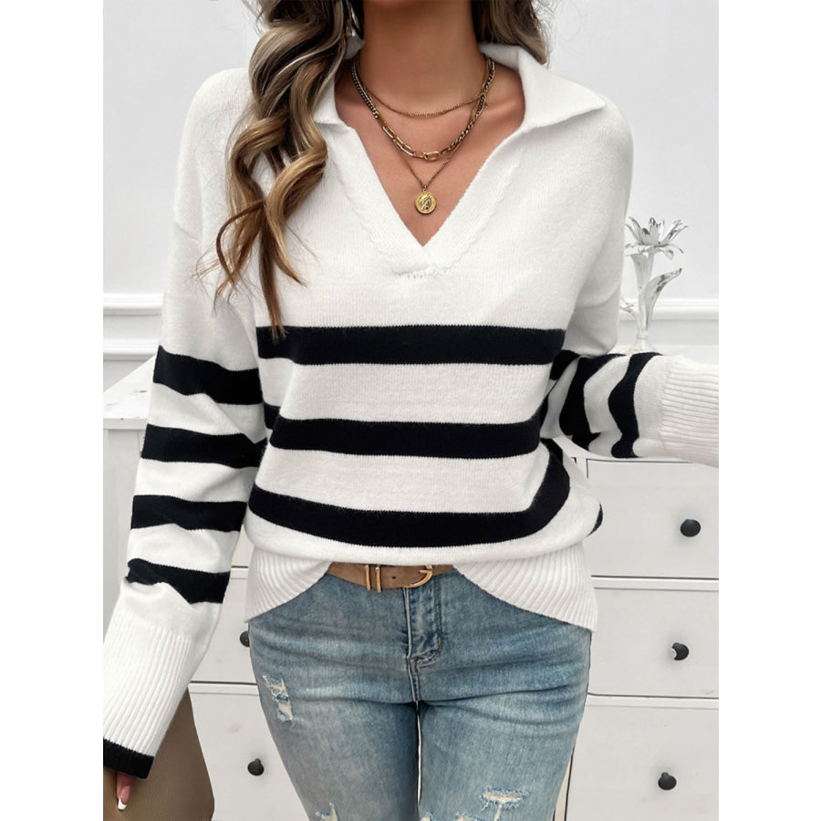 Striped Collared Neck Long Sleeve Sweater Apparel and Accessories