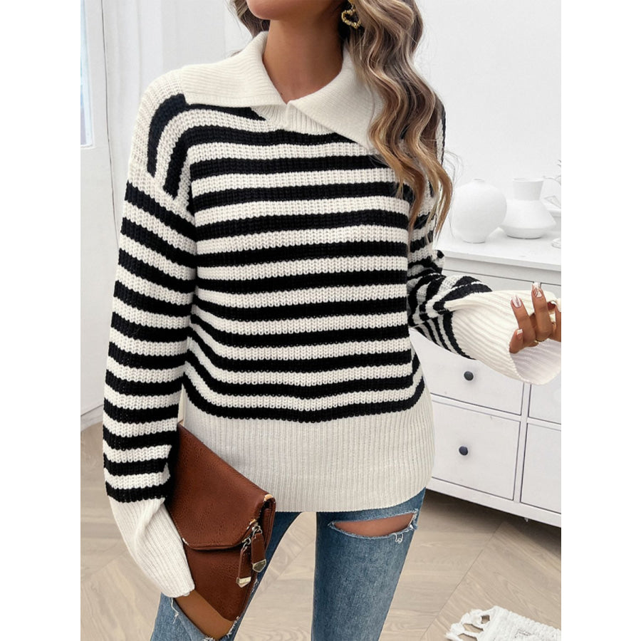 Striped Collared Neck Long Sleeve Sweater Apparel and Accessories