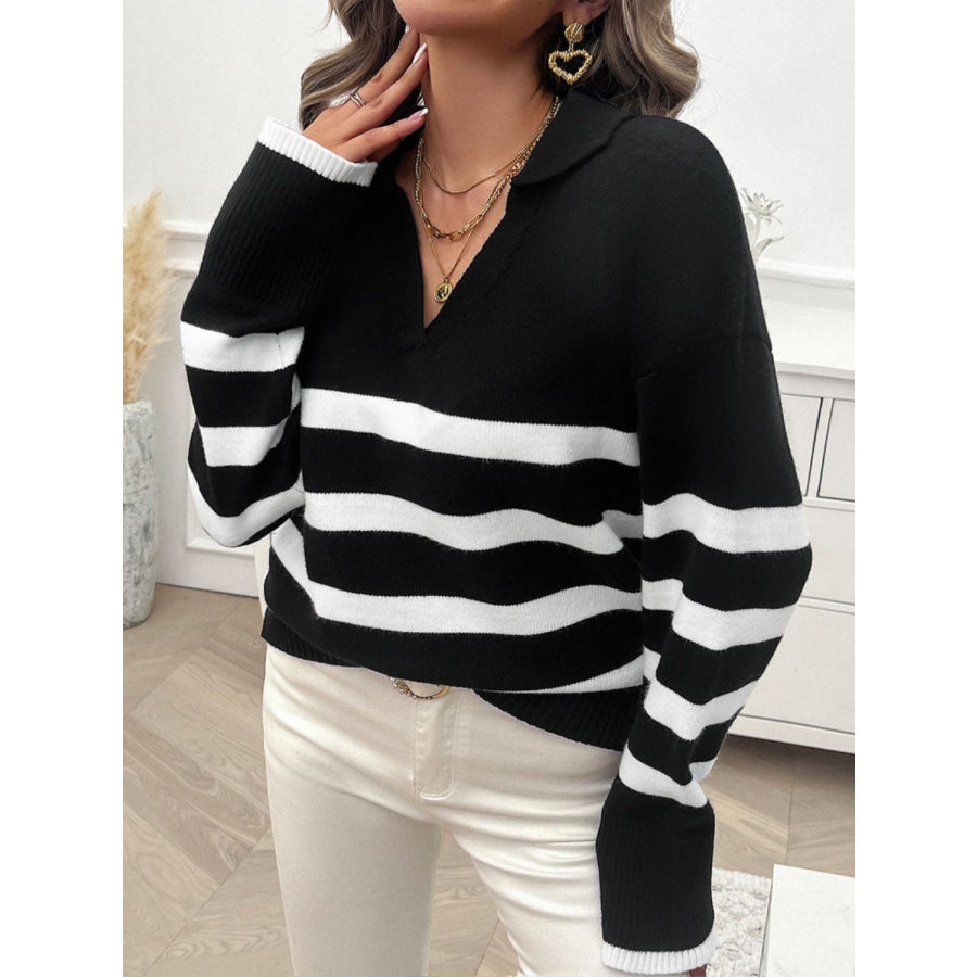 Striped Collared Neck Long Sleeve Sweater Apparel and Accessories