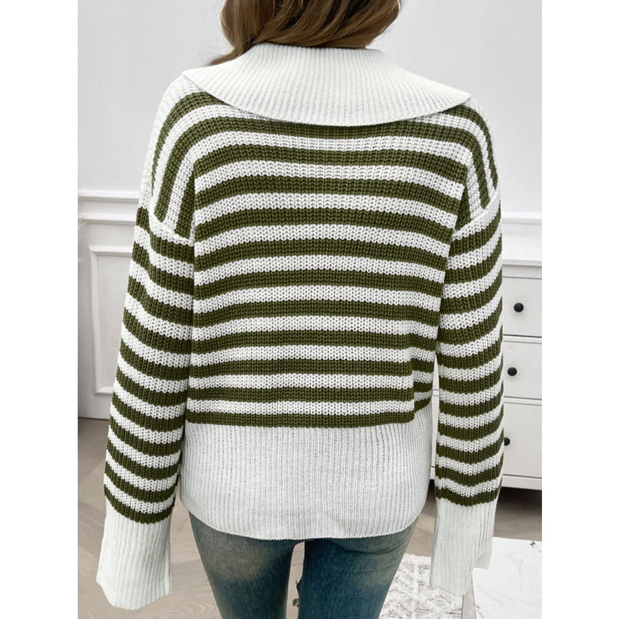 Striped Collared Neck Long Sleeve Sweater Apparel and Accessories