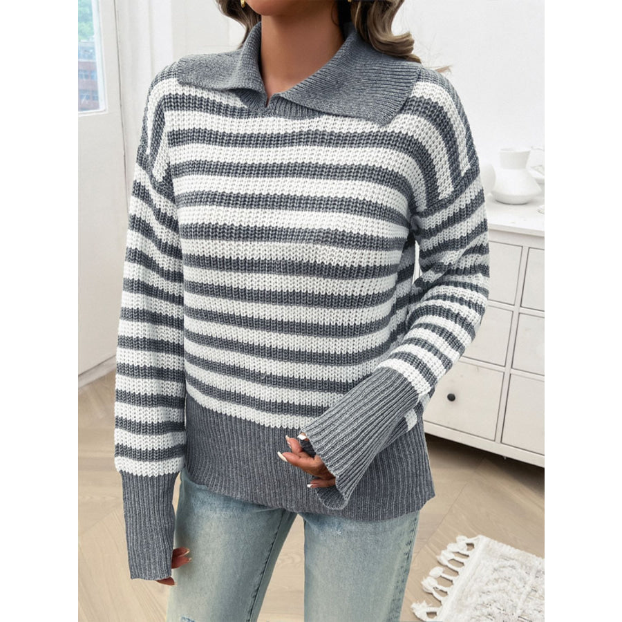 Striped Collared Neck Long Sleeve Sweater Apparel and Accessories