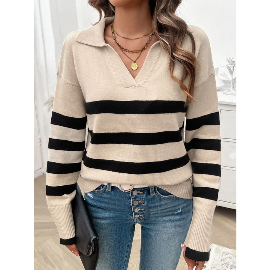 Striped Collared Neck Long Sleeve Sweater Apparel and Accessories