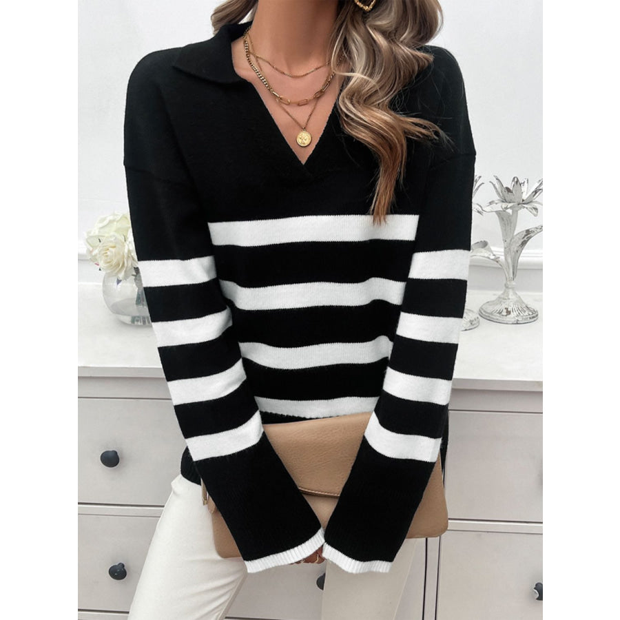 Striped Collared Neck Long Sleeve Sweater Apparel and Accessories