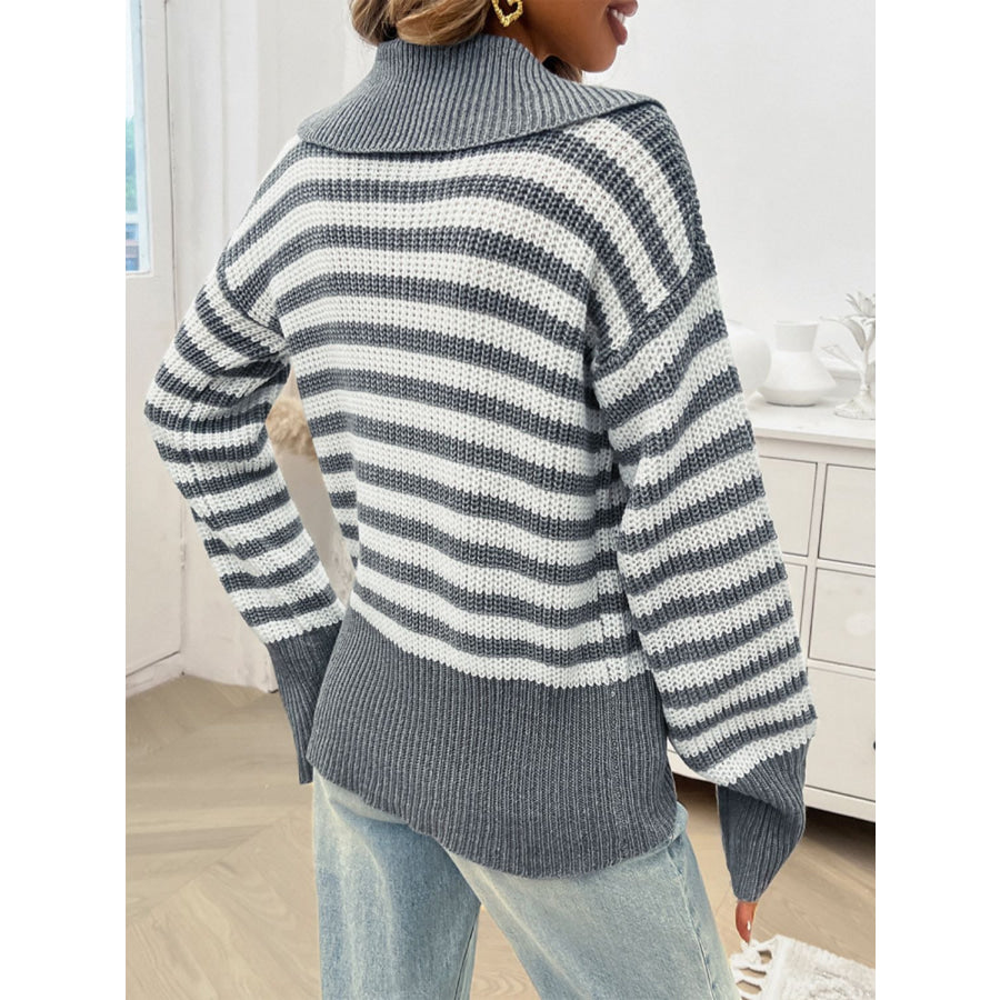 Striped Collared Neck Long Sleeve Sweater Apparel and Accessories