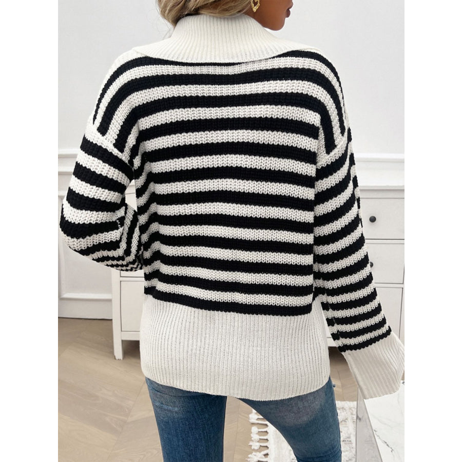 Striped Collared Neck Long Sleeve Sweater Apparel and Accessories