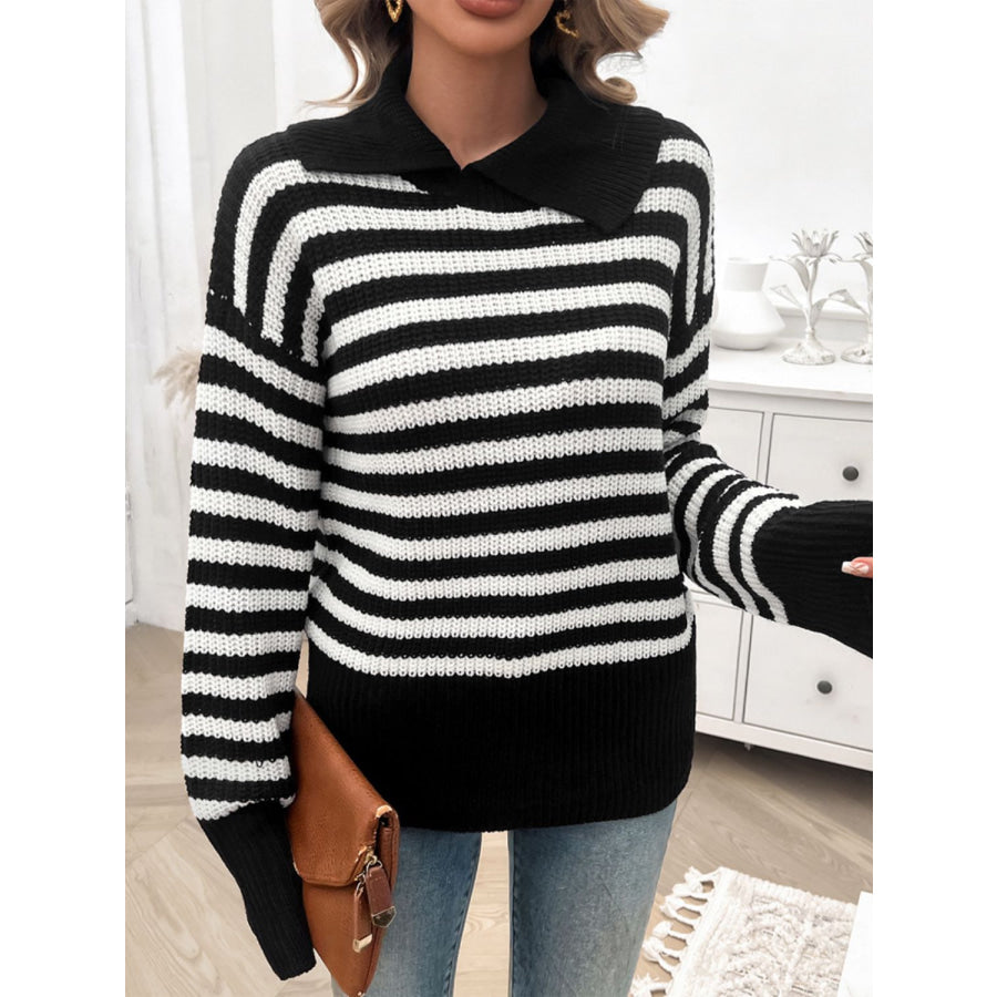 Striped Collared Neck Long Sleeve Sweater Apparel and Accessories