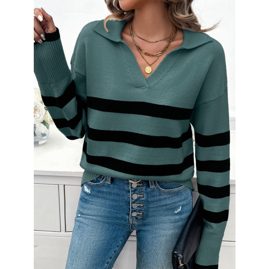 Striped Collared Neck Long Sleeve Sweater Apparel and Accessories