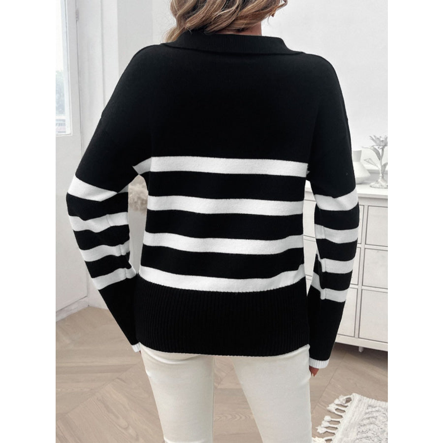 Striped Collared Neck Long Sleeve Sweater Apparel and Accessories