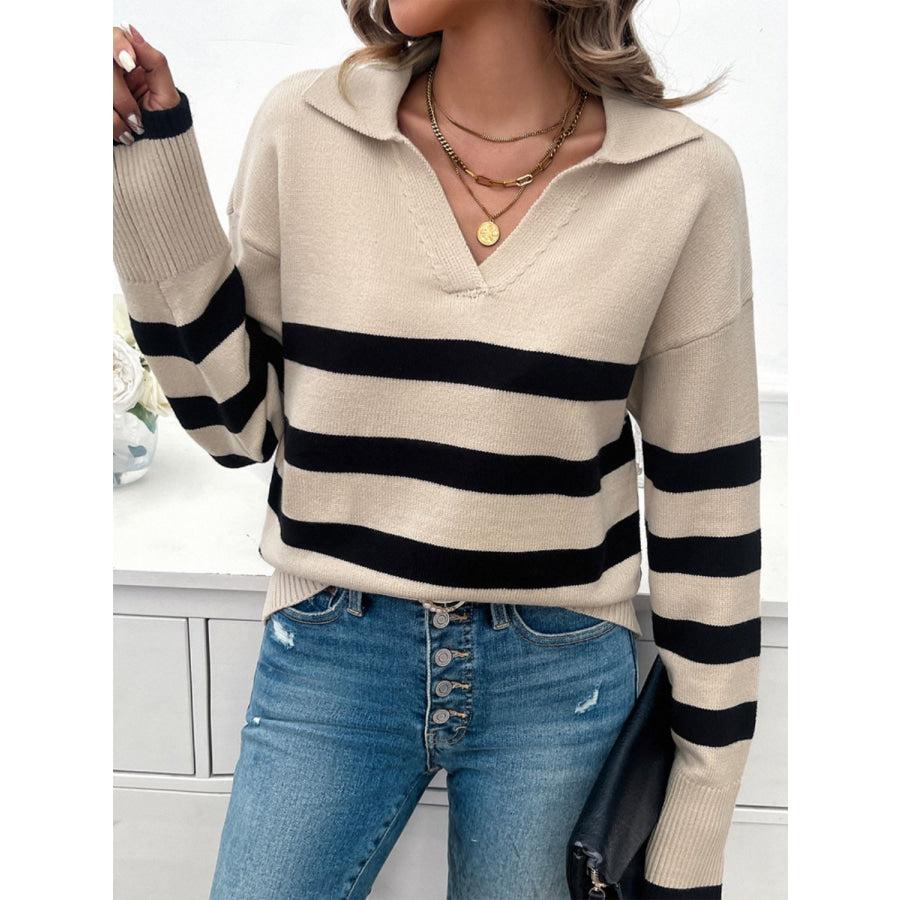 Striped Collared Neck Long Sleeve Sweater Apparel and Accessories