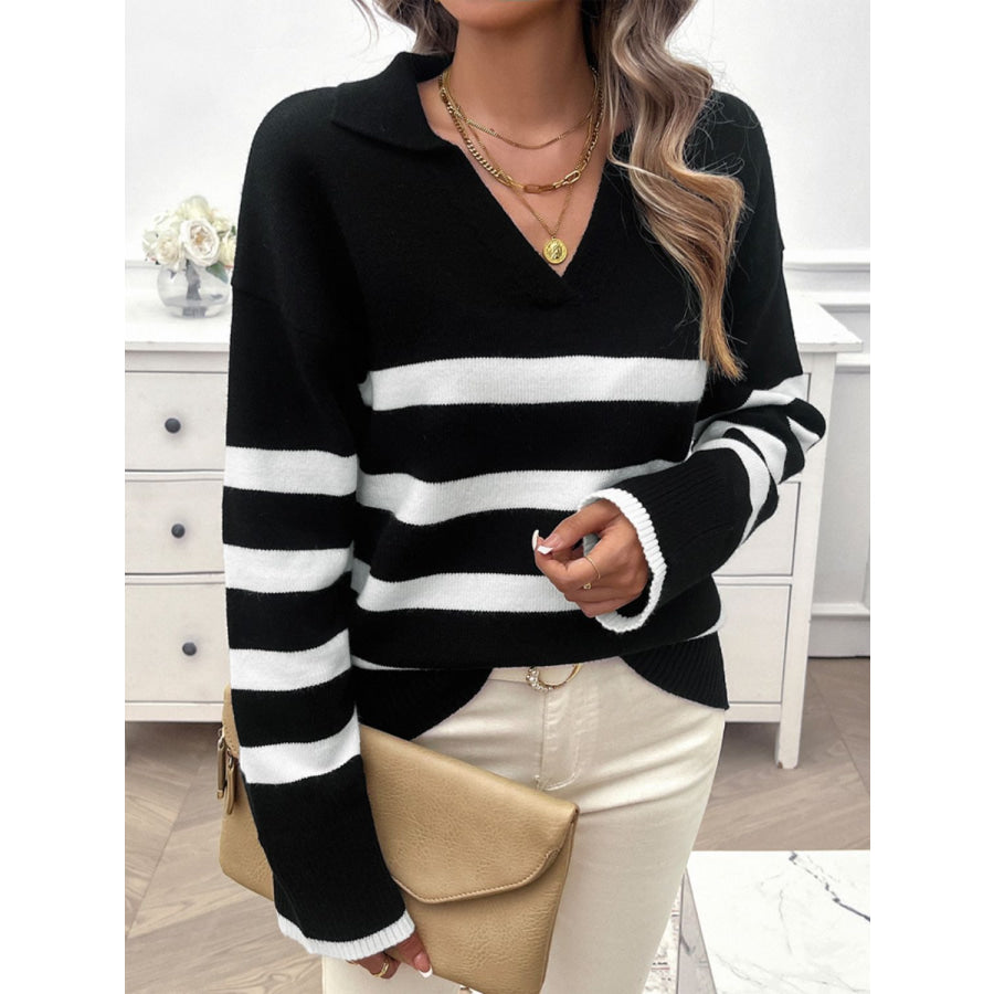 Striped Collared Neck Long Sleeve Sweater Apparel and Accessories