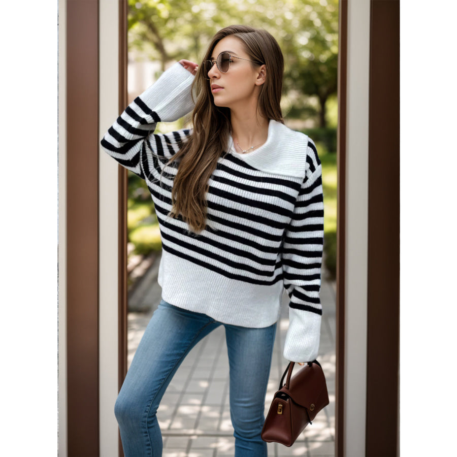 Striped Collared Neck Long Sleeve Sweater Apparel and Accessories