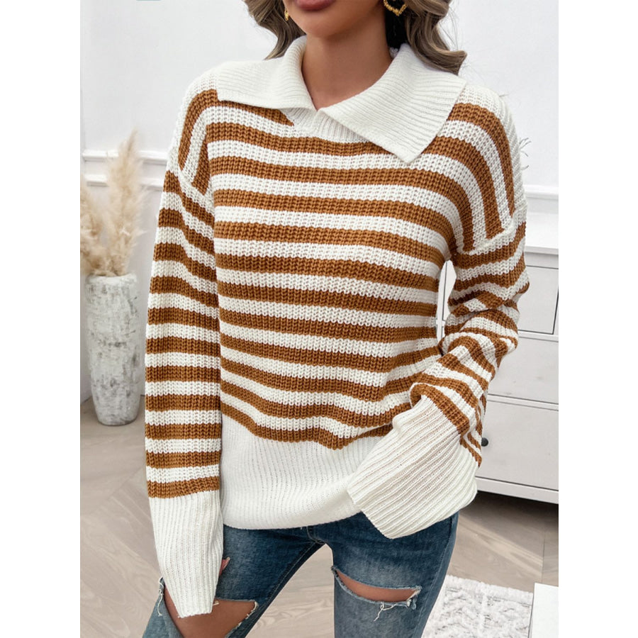 Striped Collared Neck Long Sleeve Sweater Apparel and Accessories